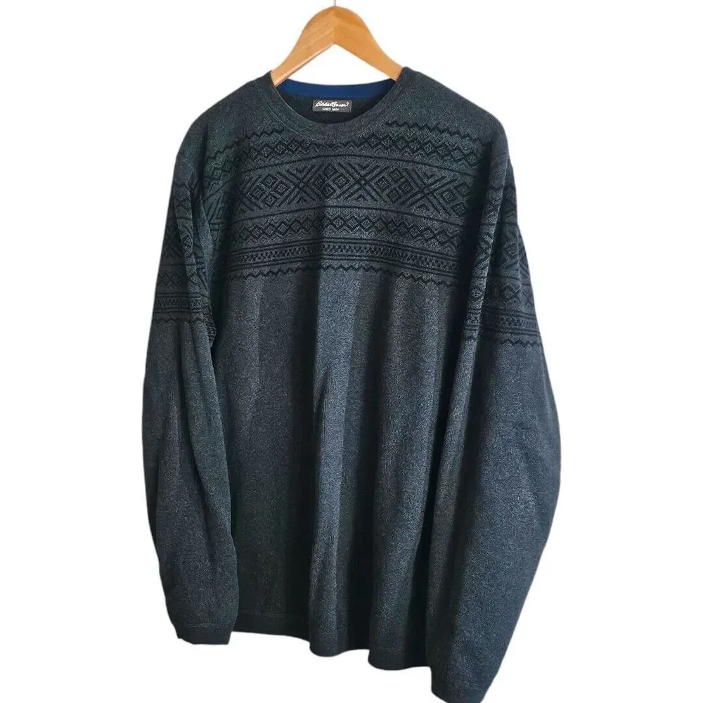 Eddie Bauer Gray Sweater Fair Isle Nordic Ski Lodge VTGY2K Grandpacore 50" Chest - Picture 4 of 7